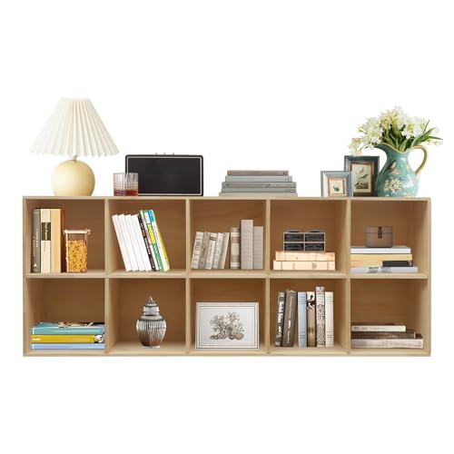 Wooden 10 Cube Shelf Bookcase, Floorstanding Bookshelf with Open Compartments & Back Panel 59.06x11.81x23.62 Inch, Solid Wood Cube Storage Organizer for Living Room, Bedroom, Home Office - size: 10 Cube