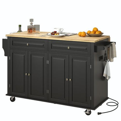 Squireewo 59" Kitchen Cart with Wood Top and Drop Leaf Breakfast Bar, Rolling Mobile Kitchen Island Table on Wheels with Drawer and Storage Cabinet, Spice Rack, Towel Rack, Black - size: 59"W