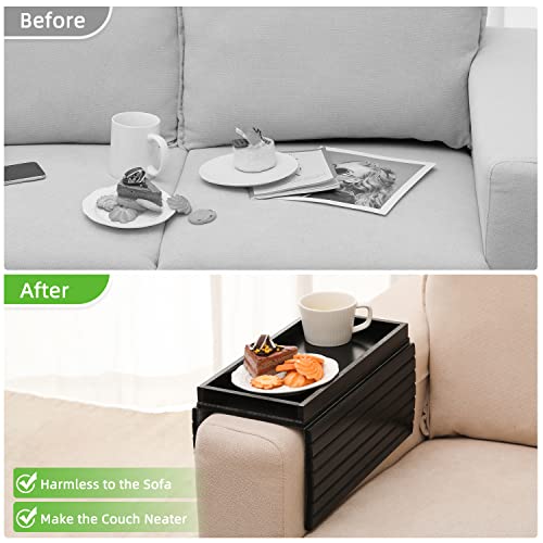 GEHE Bamboo Sofa Arm Tray, Foldable Couch Arm Tray Side Table, Anti-Falling Armrest Tables Cup Holder for Snacks, Drinks, Beers, Phone, Control, Flexible and Portable, Anti-Slip Bottom - color: Black