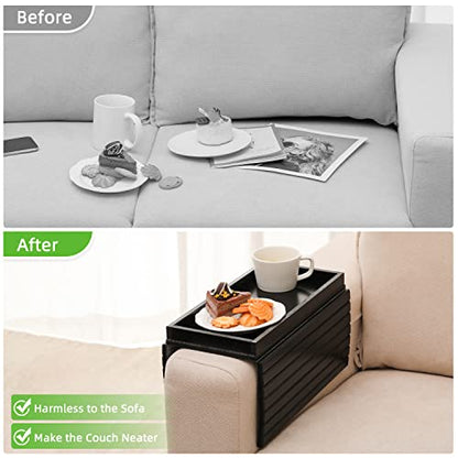 GEHE Bamboo Sofa Arm Tray, Foldable Couch Arm Tray Side Table, Anti-Falling Armrest Tables Cup Holder for Snacks, Drinks, Beers, Phone, Control, Flexible and Portable, Anti-Slip Bottom - color: Black