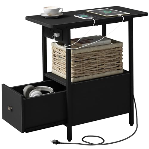 LIDYUK End Table with Charging Station, Narrow Side Table with Drawer and USB Ports & Power Outlets, Nightstand Bedside Tables for Small Spaces, Bedroom, Living Room, Black - color: Black, size: Pack of 1