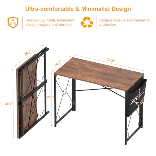 VECELO 39 Inch Folding Desk Simple Assembly, Writing Computer Desk for Home Office Study Office Foldable Table for Small Spaces,Classic Brown,2 Set