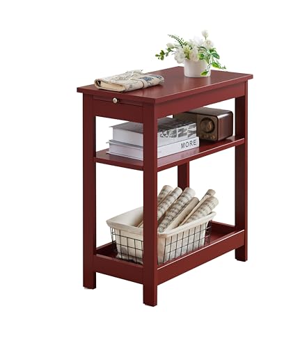 KB Designs - Narrow Side End Table with Storage Shelves for Small Spaces, Nightstand Sofa Table for Living Room, Bedroom, Red - color: Red