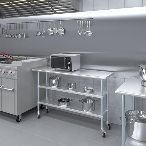 AmGood Stainless Steel Work Table with 2 Shelves and Casters | Metal Utility Table On Wheels (Stainless Steel Work Table with 2 Shelves + Casters, 60" Long x 18" Deep) - size: 60" Long x 18" Deep