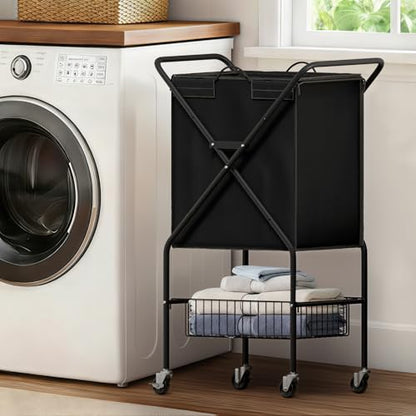 Laundry Basket with Wheels:88L Rolling Laundry Cart Foldable Metal Frame Dirty Clothes Laundry Hamper 36"H 4 Caster 2 Brake Waterproof Removable Liner Carry Handle for Dorm Laundry Room,Black - color: Black