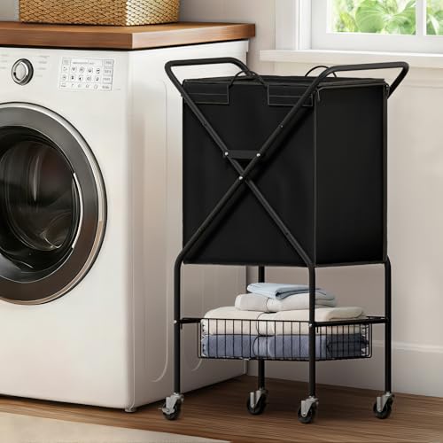 Laundry Basket with Wheels:88L Rolling Laundry Cart Foldable Metal Frame Dirty Clothes Laundry Hamper 36"H 4 Caster 2 Brake Waterproof Removable Liner Carry Handle for Dorm Laundry Room,Black - color: Black