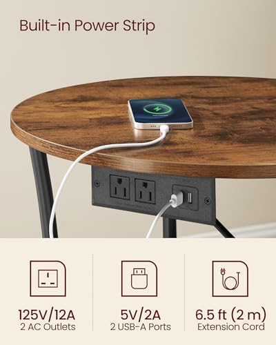 VASAGLE 21.7-Inch Round Side Table, 2-Tier End Table with Power Outlets, Nightstand with Steel Frame, Spacious Top, for Small Spaces, Living Room, Bedroom, Rustic Brown and Ink Black ULET077K01 - color: Rustic Brown + Ink Black, style: With Power Strip