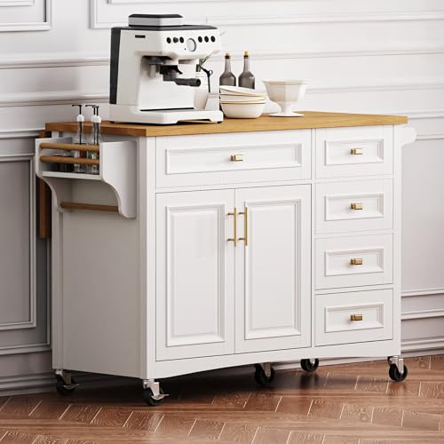 Large Kitchen Island with Rubber Wood Drop Leaf, Rolling Kitchen Cart with Ample Storage on Wheels with Doors and Drawers, Embossed Texture for Dining Room (52Inch, White, Golden Handle) - color: White, size: 52 Inch