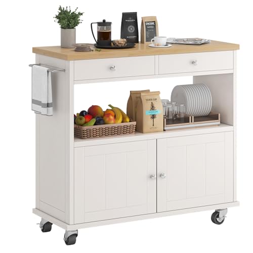 knoworld Rolling Kitchen Island with Storage Cabinet, 35.4'' Width Kitchen Cart, 2 Drawers Island Table, Portable Mobile Kitchen Island with Towel Rack, Wood Top and Lockable Wheels, White - color: White, size: NO Drop Leaf