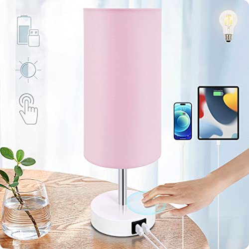 Yarra-Decor Desk Lamp with USB Port, Touch Control Desk Lamp with 3 Levels Brightness, Bedside Table Lamp with Round Pink Shade for Bedroom, Living Room, Dorm, Home Office - color: Pink2
