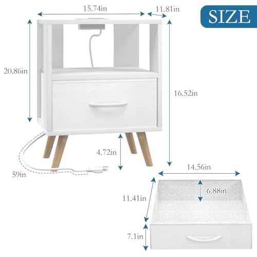 Huhote Kids Nightstand, 2-Tier Night Stand with Charging Station and Drawer, Modern Side Table for Bedroom, Study Room, Small Spaces, White - color: White, size: 2-Tier with Charging