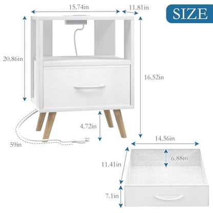 Huhote Kids Nightstand, 2-Tier Night Stand with Charging Station and Drawer, Modern Side Table for Bedroom, Study Room, Small Spaces, White - color: White, size: 2-Tier with Charging