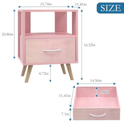 Huhote Kids Nightstand, 2-Tier Night Stand with Drawer, Modern Side Table for Bedroom, Study Room Small Spaces, Pink - color: Pink, size: 2-Tier with Drawer