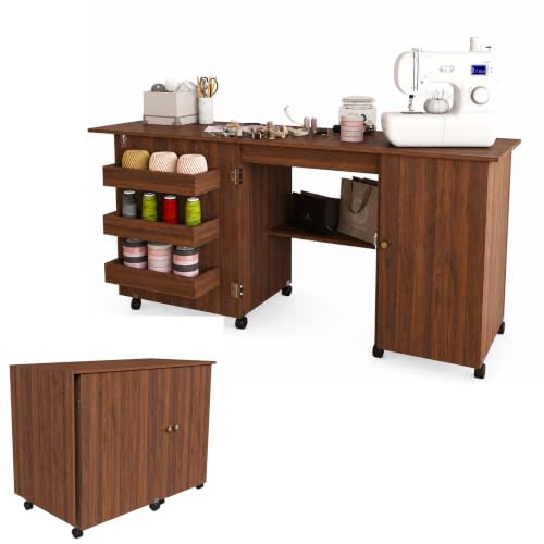 HRVEOCEI 4-in-1 Folding Sewing Table with Storage, Sewing Desk Foldable with Lockable Wheels & Power Socket, Sewings Machine Cabinet & Craft Desk with Shelves, Compact Design (Walnut, 57 Inch) - color: Walnut, size: 57 Inch