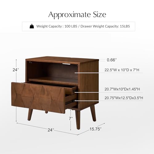 Mid-Century Modern End Table with Charging Station, Open Shelf & Drawer with Velvet-Lined Hidden Compartment, Wood Side Tables with Geometric Panel, Walnut
