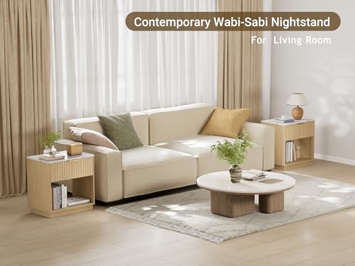 Fluted Nightstand, Night Stand Set 2, 23" Wide Nightstands Set of 2 with Charging Station & Faux Marble Top, Modern End Table with Drawer, Bedside Table for Bedroom Living Room, Natural Oak - color: Natural Oak + Faux Marble Top, size: 1 Drawer（23"W）