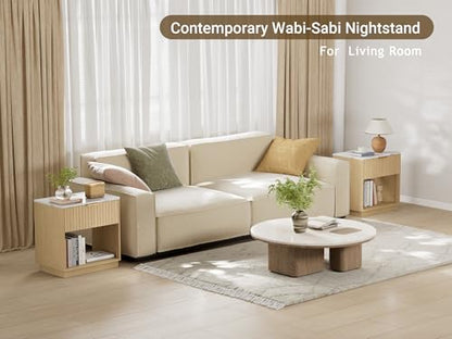 Fluted Nightstand, Night Stand Set 2, 23" Wide Nightstands Set of 2 with Charging Station & Faux Marble Top, Modern End Table with Drawer, Bedside Table for Bedroom Living Room, Natural Oak - color: Natural Oak + Faux Marble Top, size: 1 Drawer（23"W）