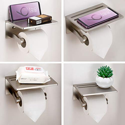 Toilet Paper Holder with Shelf, Aluminum Tissue Roll Holder with Mobile Phone Storage Shelf for Modern Bathroom, 3M Self Adhesive No Drilling or Wall-Mounted with Screws, Brushed Nickel - color: Brushed Nickel
