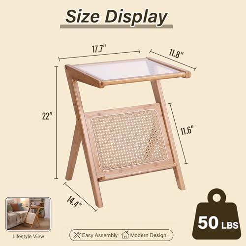 Tiita Rattan Side Table, Mid Century Nightstand, Bamboo Accent Bedside Tables, Glass Coffee Tables, Boho Wooden End Table with Storage for Small Space, Living Room and Bedroom - color: Rattan-s-wood