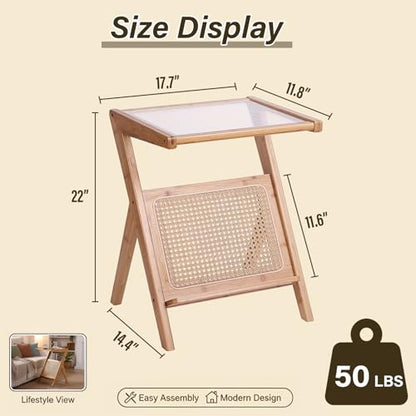 Tiita Rattan Side Table, Mid Century Nightstand, Bamboo Accent Bedside Tables, Glass Coffee Tables, Boho Wooden End Table with Storage for Small Space, Living Room and Bedroom - color: Rattan-s-wood