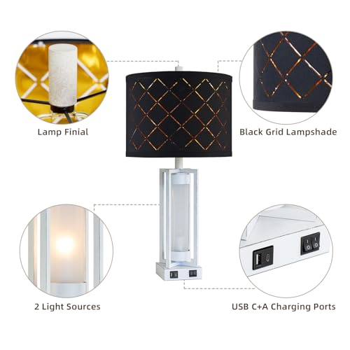 25" Set of 2 Farmhouse Table Lamps with USB C+A Ports | Rustic Retro Nightstand Lamps with White Night Light, Black Grid Shade, Desk Lamps for Bedroom Bedside, 4 Bulbs Included - color: White