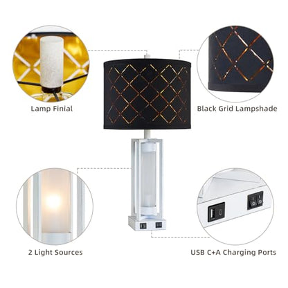 25" Set of 2 Farmhouse Table Lamps with USB C+A Ports | Rustic Retro Nightstand Lamps with White Night Light, Black Grid Shade, Desk Lamps for Bedroom Bedside, 4 Bulbs Included - color: White
