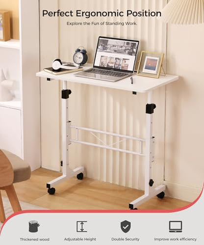 KLSMYHOKI Standing Desk Adjustable Height, Mobile Stand Up Desk with Wheels Small Computer Desk Rolling Desk, Portable Laptop Desk White Standing Table Home Office Desks 16"x31.5" Height 27"-43.5" | Small Computer Desk Rolling Desk, Portable Laptop Desk W