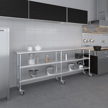 AmGood Stainless Steel Work Table with 2 Shelves and Casters | Metal Utility Table On Wheels (Stainless Steel, 96" Long x 18" Deep) - size: 96" Long x 18" Deep