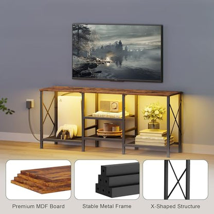 JARHETUN TV Stand with LED Lights for 55 Inch TV, Entertainment Center with 3-Tier Open Shelves, TV Console Table for Living Room, Bedroom, Rustic Brown - color: Rustic Brown With Led Light