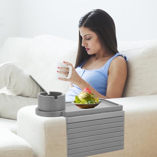 GHKINMAL Couch Cup Holder Tray, Large Couch Arm Table with 360° Ratated Phone Holder, 3 in 1 Bamboo Sofa Armrest Tray with Anti-Slip Couch Organizer for Remote,Cellphone,Snacks - color: Gray