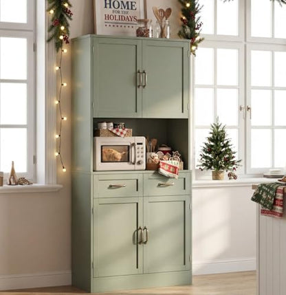 HOSTACK 71" Tall Kitchen Pantry Storage Cabinet, Wood Kitchen Hutch, Green | Modern Pantry Cabinet with Microwave Stand, Hutch Cabinet with Countertop & Drawers, Storage Cabinet for Living Room - color: Green + Bronze Handles