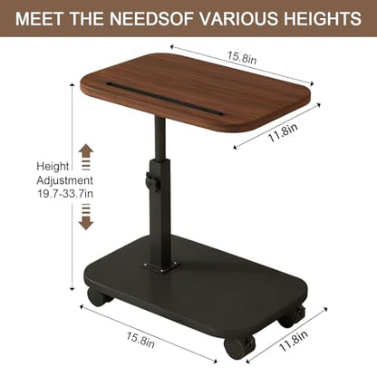 Adjustable Height TV Tray Table with Wheels, C Shaped End Side Table & Phone Tablet Slot, Swivel Snack Stand for Couch, Sofa, Bed,Living Room, Laptop Use in Small Spaces (Walnut) - color: Walnut