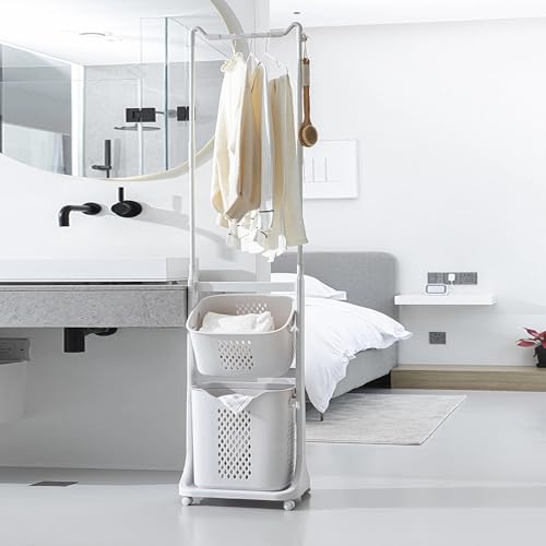 2-Tier Laundry Hamper Sorter with Hanging Bar, Rolling Laundry Baskets with Wheels Removable, Stackable Laundry Cart Organizer and Storage for Small Space Dorm Closet Bathroom - style: 2-Tier