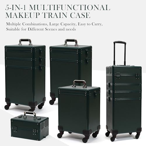 Particle Rolling Makeup Train Case Professional Cosmetic Trolley Large Storage Organizer with Key Swivel Wheels Salon Barber Case - New Green (Extra Portable Cosmetic Bag, Green) - color: Green