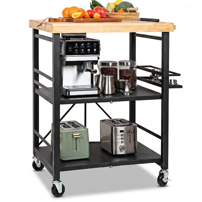 Mythinglogic Foldable Kitchen Cart with Wheels, Rolling Kitchen Island with Wood Top, 3-Tier Microwave Stand Coffee Bar Cart with Side Storage Rack, Black - size: 21.89"D x 29.33"W x 36.81"H