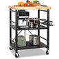 Mythinglogic Foldable Kitchen Cart with Wheels, Rolling Kitchen Island with Wood Top, 3-Tier Microwave Stand Coffee Bar Cart with Side Storage Rack, Black - size: 21.89"D x 29.33"W x 36.81"H