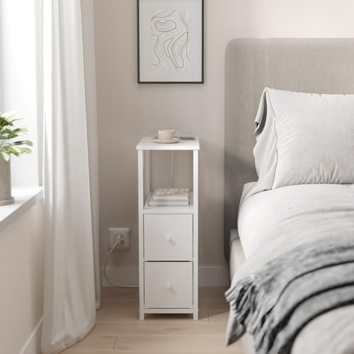 TUTOTAK Small Narrow LED End Table with Charging Station, Side Table Outlets, Nightstand with 2 Cloth Drawers, Set of 2, Couch Table, for Living Room, Bedroom, Bedside, White TB01BW056 - color: White, style: 2 Drawers with Plug & Light