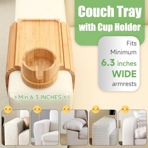 Couch Cup Holder Tray,Large Bamboo Couch Armrest Table with Cup Holder,Foldable Anti-Slip Sofa Arm Tray for Coffee Cup,Water Bottles,Mug,Snacks,Remote - color: Bamboo