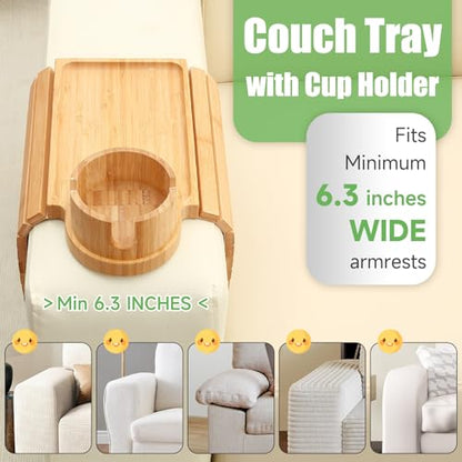 Couch Cup Holder Tray,Large Bamboo Couch Armrest Table with Cup Holder,Foldable Anti-Slip Sofa Arm Tray for Coffee Cup,Water Bottles,Mug,Snacks,Remote - color: Bamboo