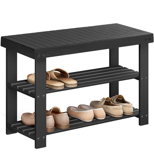 SONGMICS Shoe Rack Bench, 3-Tier Bamboo Shoe Storage Organizer, Entryway Bench, Holds Up to 286 lb, 11.3 x 27.6 x 17.8 Inches, for Entryway Bathroom Bedroom, Ink Black ULBS04H - color: Ink Black, size: 27.6"W