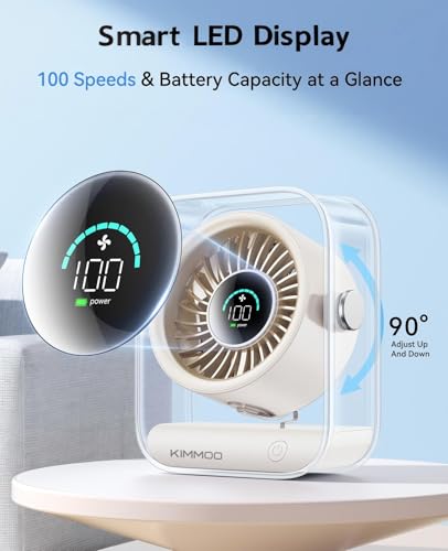 KIMMOO Rechargeable USB Desk Fan, Quiet Table Fan with Turbo Airflow, 100 Speeds, Digital Display, 90° Rotating, Small Battery Desktop Fans for Bedroom Home Office Trave, Beige - color: Beige