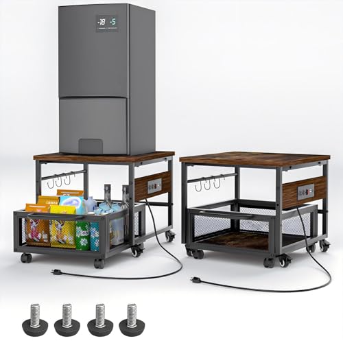 Mini Fridge Stand with Storage and Wheels, Heavy Duty Mini Fridge Table with Power Outlets for 220LBS Refrigerator, Rolling Fridge Cart with Large Capacity Drawer for Dorm,Office,Bedroom (Retro Brown) - color: Brown Outlet