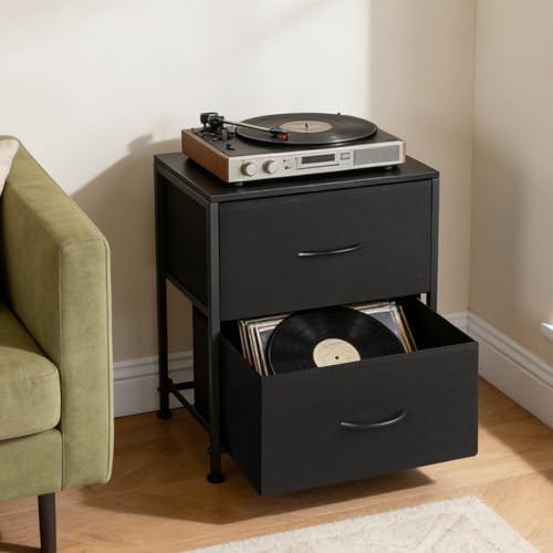 Fabric Nightstand with 2 Drawers, Small Night Stand Bedside Table with Two Drawer Dresser End Table for Bedroom Living Room Small Spaces, Wooden Top - color: Black