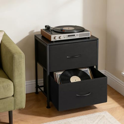 Fabric Nightstand with 2 Drawers, Small Night Stand Bedside Table with Two Drawer Dresser End Table for Bedroom Living Room Small Spaces, Wooden Top - color: Black