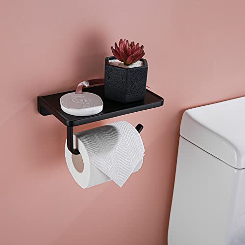 RANDOM Black Toilet Paper Holder with Shelf Rustproof Matte Black Toilet Paper Holder Wall Mount Toilet Paper Roll Holder Solid Metal Toilet Tissue Holder for Bathroom.RD93008-MB - color: B-matte Black