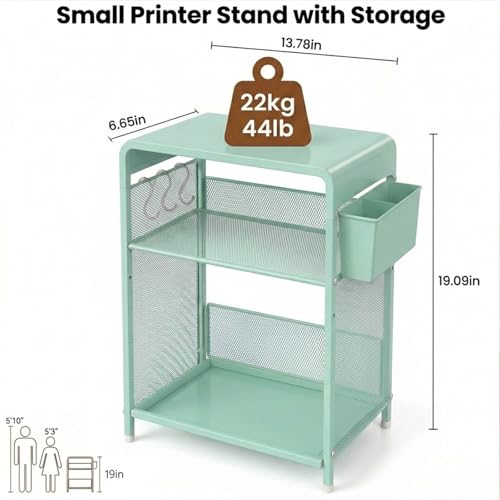 ECOLOVI 3 Tier Printer Stand for Under Desk, Height Adjustable Shelf Small Printer Table with 3 S-Hooks & Basket, Heavy Duty Industrial Storage Shelf for Home Office (Green) - color: Green