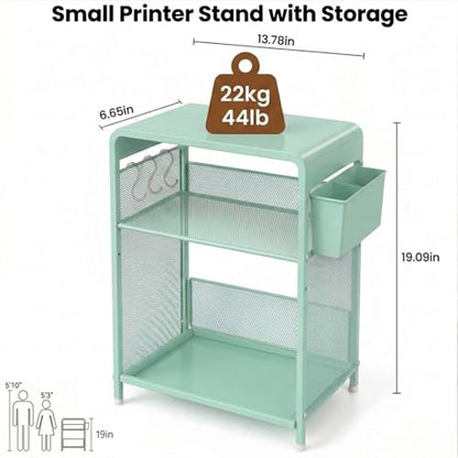 ECOLOVI 3 Tier Printer Stand for Under Desk, Height Adjustable Shelf Small Printer Table with 3 S-Hooks & Basket, Heavy Duty Industrial Storage Shelf for Home Office (Green) - color: Green