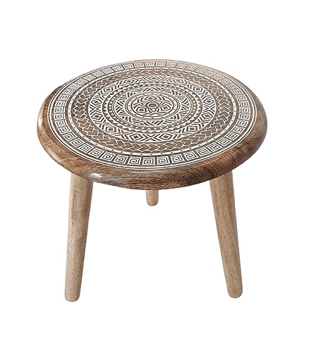 VANIYA CRAFTS® Wooden Engraved Fold-able Side Table/End Table/Plant Stand/Stool for Living Room Bedroom Restaurant Kids Play Furniture Table Round Shape (Natural White 2) - color: Natural White 2