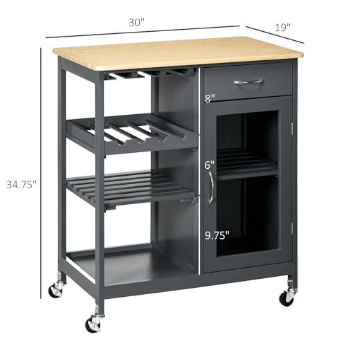 HOMCOM Rolling Kitchen Island with Storage, 4-Bottle Wine Rack, Gray | Small Kitchen Island, Bar Cart with Stemware Holder, Shelves, Drawer and Cabinet