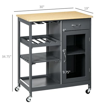 HOMCOM Rolling Kitchen Island with Storage, 4-Bottle Wine Rack, Gray | Small Kitchen Island, Bar Cart with Stemware Holder, Shelves, Drawer and Cabinet
